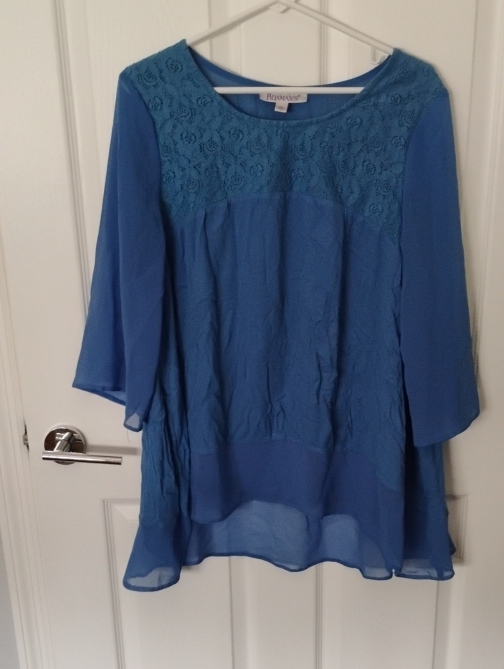 Roaman's Teal-Blue Lace Yoke Chiffon Tunic